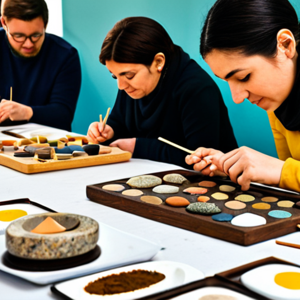 A diverse group of adults, fully clothed in modest, appropriate attire, actively participating in a multi-sensory art workshop. One participant is gently touching various natural materials with diverse textures like smooth stones and rough wood. Another person is inhaling a subtle, pleasant aroma from a small diffuser. A third individual is engaged in mixing vibrant art colors with their hands on a palette. The setting is a spacious, well-lit art studio bathed in warm, inviting lighting, with natural art supplies neatly arranged. The background shows calming, earthy tones, suggesting a harmonious atmosphere. This is a professional, high-quality photograph, ensuring perfect anatomy, correct proportions, natural poses, well-formed hands, proper finger count, and natural body proportions. The content is safe for work, appropriate, and family-friendly.