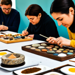 A diverse group of adults, fully clothed in modest, appropriate attire, actively participating in a multi-sensory art workshop. One participant is gently touching various natural materials with diverse textures like smooth stones and rough wood. Another person is inhaling a subtle, pleasant aroma from a small diffuser. A third individual is engaged in mixing vibrant art colors with their hands on a palette. The setting is a spacious, well-lit art studio bathed in warm, inviting lighting, with natural art supplies neatly arranged. The background shows calming, earthy tones, suggesting a harmonious atmosphere. This is a professional, high-quality photograph, ensuring perfect anatomy, correct proportions, natural poses, well-formed hands, proper finger count, and natural body proportions. The content is safe for work, appropriate, and family-friendly.