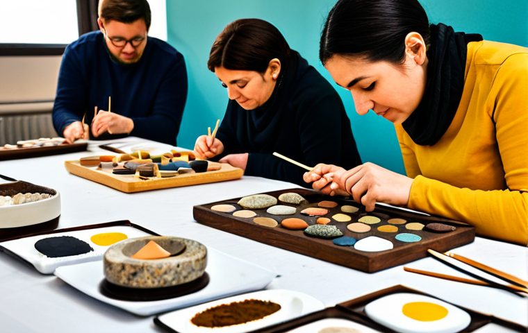 A diverse group of adults, fully clothed in modest, appropriate attire, actively participating in a multi-sensory art workshop. One participant is gently touching various natural materials with diverse textures like smooth stones and rough wood. Another person is inhaling a subtle, pleasant aroma from a small diffuser. A third individual is engaged in mixing vibrant art colors with their hands on a palette. The setting is a spacious, well-lit art studio bathed in warm, inviting lighting, with natural art supplies neatly arranged. The background shows calming, earthy tones, suggesting a harmonious atmosphere. This is a professional, high-quality photograph, ensuring perfect anatomy, correct proportions, natural poses, well-formed hands, proper finger count, and natural body proportions. The content is safe for work, appropriate, and family-friendly.