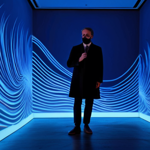 Home 7 An individual in a vast, minimalist art gallery, fully clothed in modest, professional attire, deeply engaged in an immersive multi-sensory art installation. The space is bathed in shifting, deep blue abstract light projections that mimic the gentle motion of ocean waves. A subtle, cool mist fills the air, enhancing the atmospheric depth. The subject is seen from a respectful distance, standing in a natural pose with perfect anatomy and correct proportions, their hands well-formed and with a proper finger count. The scene conveys a sense of serene contemplation and technological integration in art. Professional photography, high quality, safe for work, appropriate content, fully clothed, family-friendly.