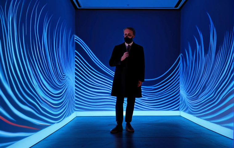 An individual in a vast, minimalist art gallery, fully clothed in modest, professional attire, deeply engaged in an immersive multi-sensory art installation. The space is bathed in shifting, deep blue abstract light projections that mimic the gentle motion of ocean waves. A subtle, cool mist fills the air, enhancing the atmospheric depth. The subject is seen from a respectful distance, standing in a natural pose with perfect anatomy and correct proportions, their hands well-formed and with a proper finger count. The scene conveys a sense of serene contemplation and technological integration in art. Professional photography, high quality, safe for work, appropriate content, fully clothed, family-friendly.