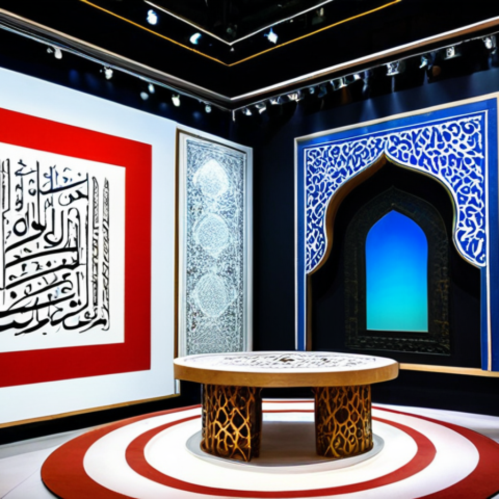 **
"A modern art installation in Dubai showcasing vibrant colors and Arabic calligraphy. Dynamic lighting illuminates flowing fabrics with intricate patterns. A subtle scent of oud permeates the air. Visitors are fully clothed, enjoying the professional and family-friendly exhibition. Safe for work, appropriate content, perfect anatomy, natural proportions, high quality."
**