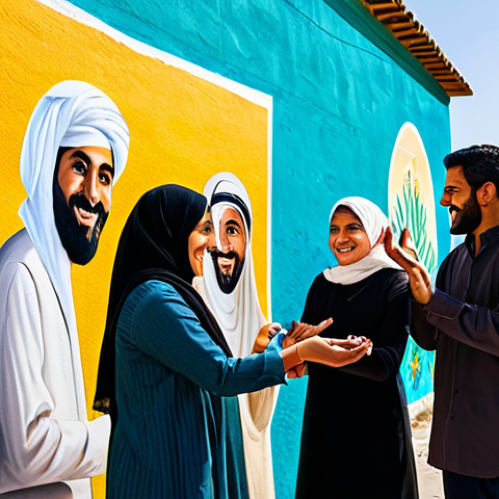 Community Art Project**

"A diverse group of people, fully clothed in modest, everyday attire, collaboratively painting a mural on a wall in a vibrant Middle Eastern neighborhood. The mural depicts scenes of local culture and heritage. Sunlight, cheerful atmosphere, safe for work, appropriate content, professional, perfect anatomy, natural proportions, well-formed hands, proper finger count, family-friendly."

**