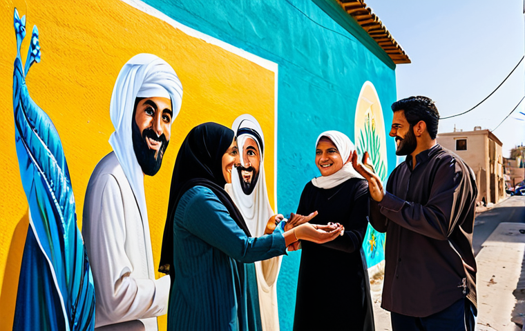 Community Art Project**
"A diverse group of people, fully clothed in modest, everyday attire, collaboratively painting a mural on a wall in a vibrant Middle Eastern neighborhood. The mural depicts scenes of local culture and heritage. Sunlight, cheerful atmosphere, safe for work, appropriate content, professional, perfect anatomy, natural proportions, well-formed hands, proper finger count, family-friendly."
**