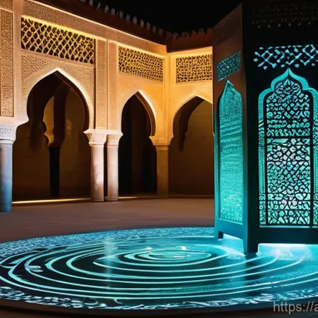 다감각 예술 경험 디자인을 위한 창의적 아이디어 - **Prompt:** "A breathtaking, futuristic art installation within a grand, ancient Arab courtyard, rem...