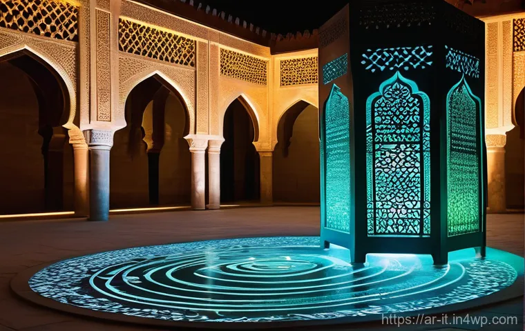 다감각 예술 경험 디자인을 위한 창의적 아이디어 - **Prompt:** "A breathtaking, futuristic art installation within a grand, ancient Arab courtyard, rem...