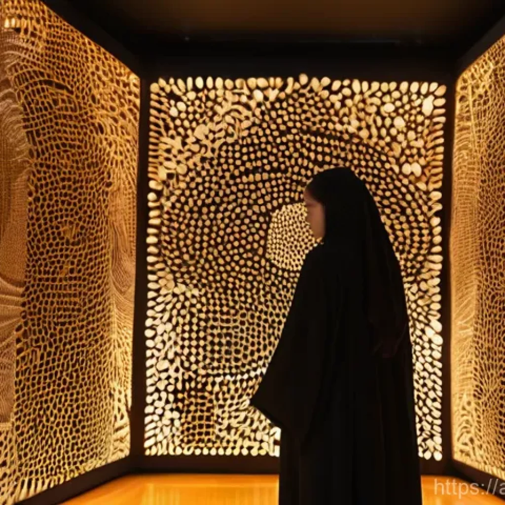 다감각 예술 경험 디자인의 인사이트 도출 - **"A young woman, elegantly dressed in a contemporary abaya, stands captivated within a multi-sensor...