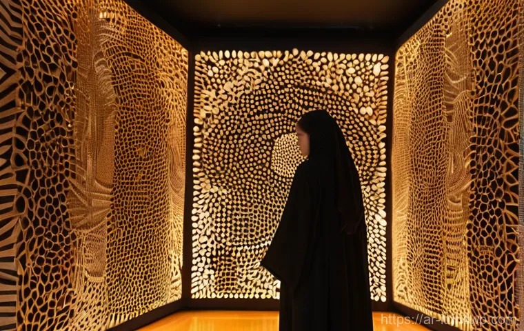 다감각 예술 경험 디자인의 인사이트 도출 - **"A young woman, elegantly dressed in a contemporary abaya, stands captivated within a multi-sensor...