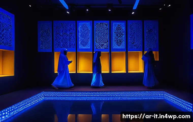 다감각 예술 경험 디자인의 감각적 요소 - **Prompt:** "A captivating multi-sensory art installation within a contemporary Arabian gallery. The...