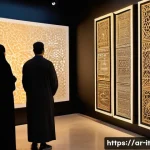 Home 20 다감각 예술 경험 디자인을 위한 맞춤형 솔루션 - A futuristic immersive art gallery scene set in a modern Middle Eastern city, featuring Arabic calli...