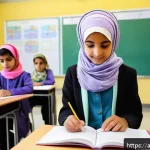 Home 19 다감각 예술 경험 디자인의 교육적 활용 - A modern classroom scene in an Arabic cultural setting, featuring diverse students attentively engag...
