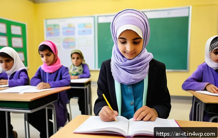 다감각 예술 경험 디자인의 교육적 활용 - A modern classroom scene in an Arabic cultural setting, featuring diverse students attentively engag...