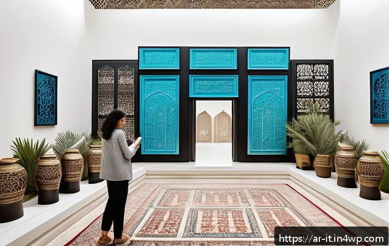 다감각 예술 경험 디자인을 위한 설문조사 기법 - A sophisticated art gallery scene showcasing a diverse group of Arabic-speaking visitors engaging wi...